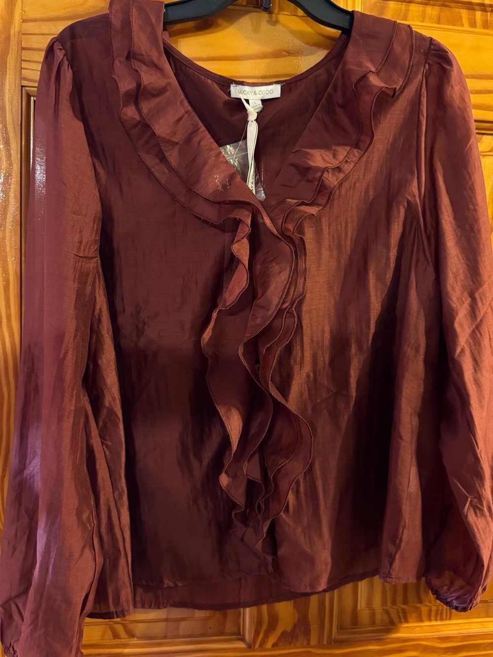 Women's Ruffle V-Neck Blouse in Deep Burgundy